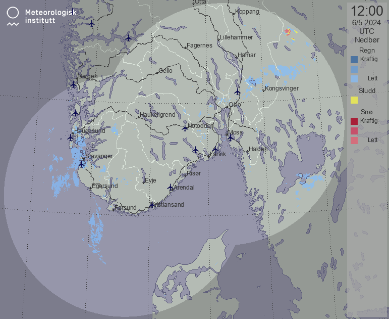 Weather radar rainrate_with_phase soutwest norway
