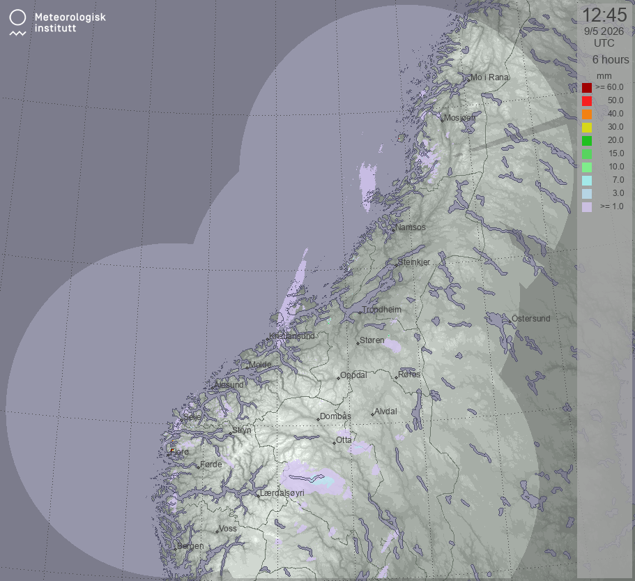 MET Radar akkumulert nedbør for Norge
